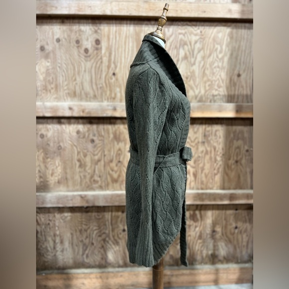 Halogen Cashmere Wool Crocheted Knit Wrap Cardigan – Olive Green Shawl Collar L - Picture 7 of 16